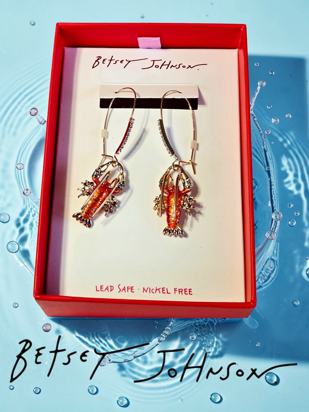 NEW Betsey Johnson Lobster Drop Earrings with Crystal Accents 2.5 Inches Long